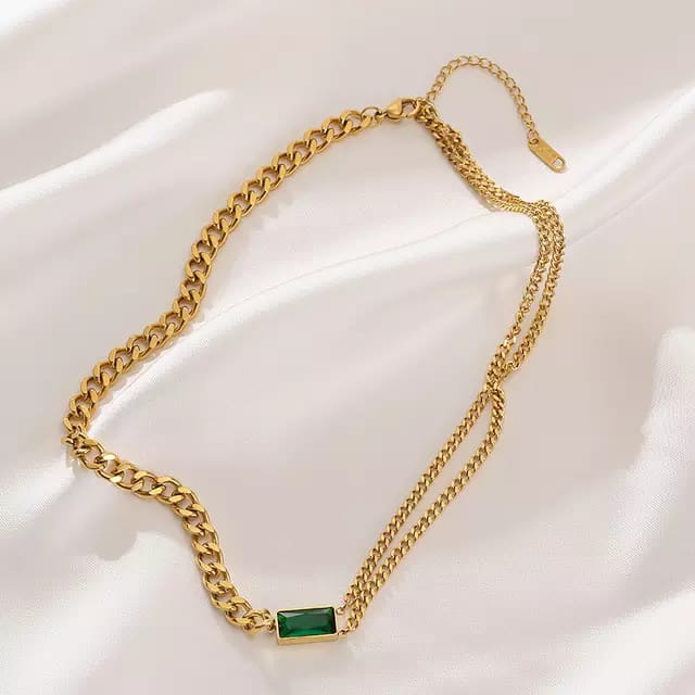 Yu Fashions Green Emerald high Fashions 2 layered Golden Korean Necklace