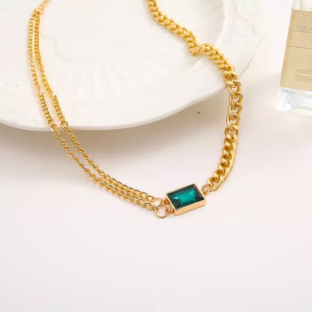 Yu Fashions Green Emerald high Fashions 2 layered Golden Korean Necklace