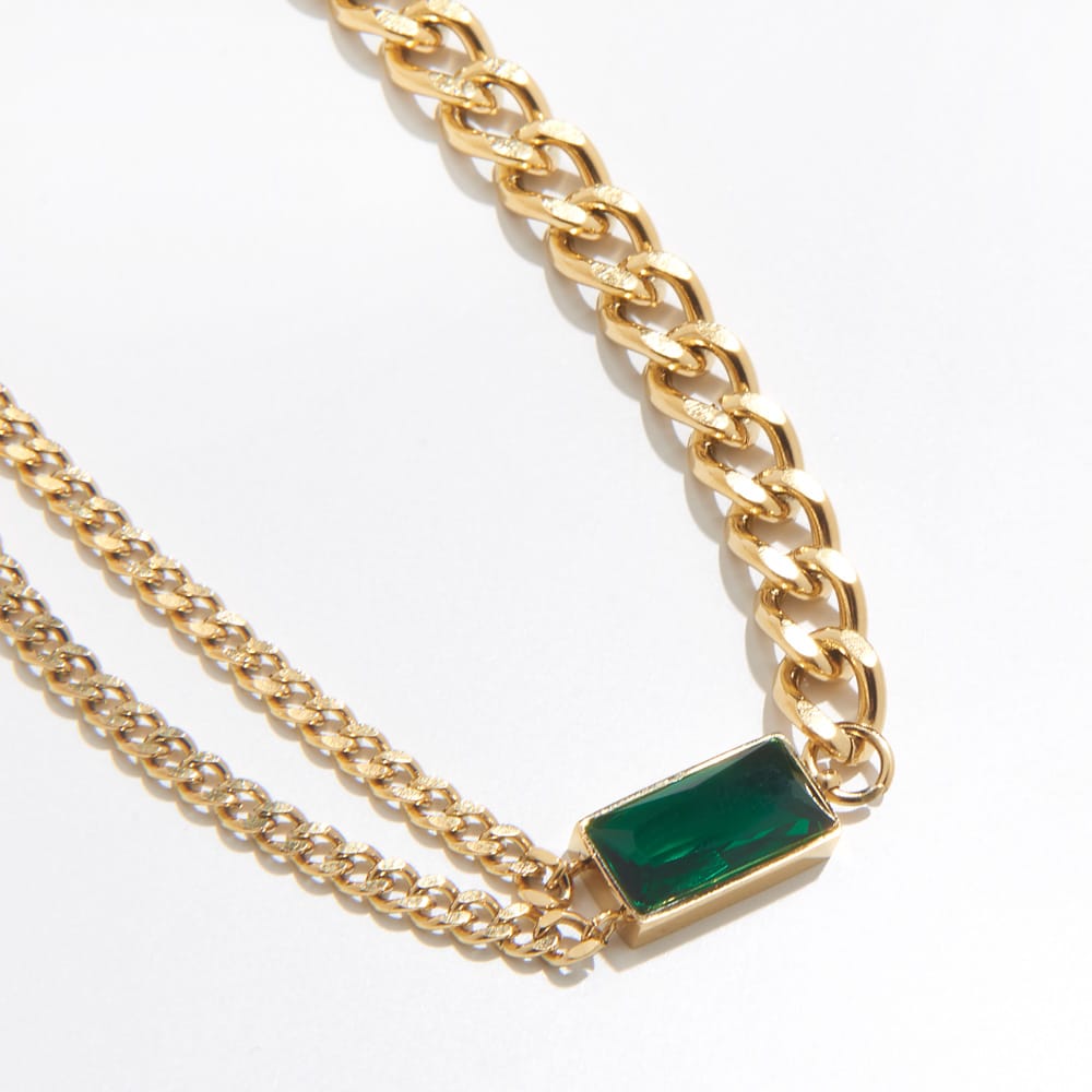 Yu Fashions Green Emerald high Fashions 2 layered Golden Korean Necklace