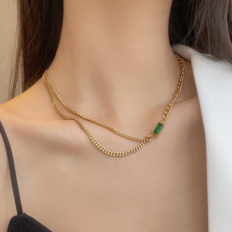 Yu Fashions Green Emerald high Fashions 2 layered Golden Korean Necklace