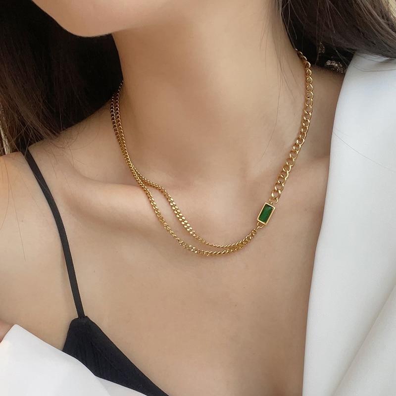 Yu Fashions Green Emerald high Fashions 2 layered Golden Korean Necklace