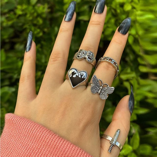 Yu Fashions Heart Butterfly Sword Laughing Mask face Link Chain Ring Set of 5