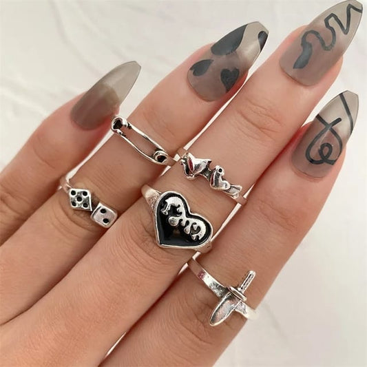 Yu Fashions Heart Dice Sword Safety Pin Ring Set of 5