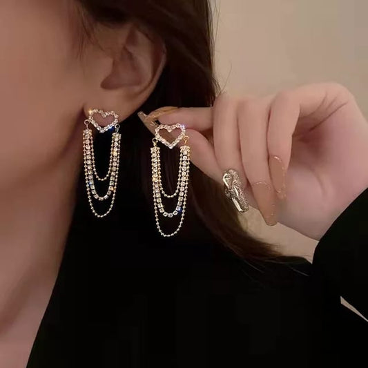 Yu Fashions Heart Shaped Rhinestone Drop Chain Tassel Korean Earrings Pair