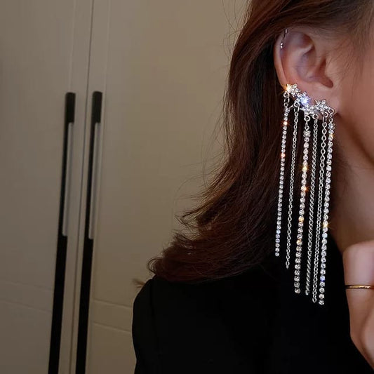 Yu Fashions Star Tassel Rhinestone Drop Chain Unique Single Pc Korean Earhook Earrings