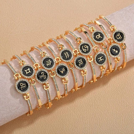 Yu Fashions Black Enamel Circle Rhinestone Golden Zodiac Sign Korean Bracelet