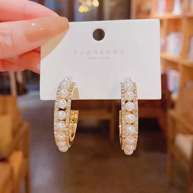 Yu Fashions Pearl Golden Hoop Korean Earrings Pair