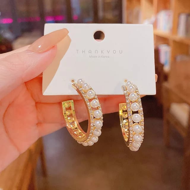 Yu Fashions Pearl Golden Hoop Korean Earrings Pair