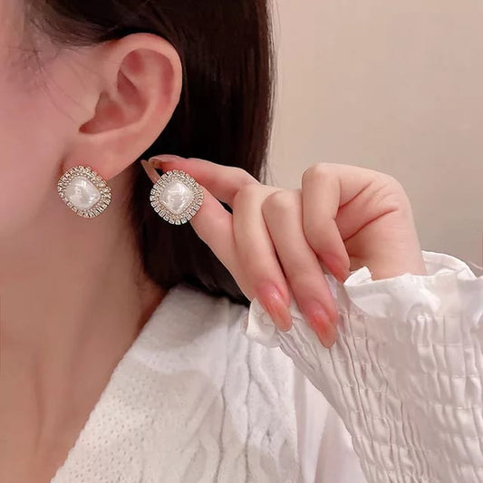 Yu Fashions High Fashion Square Shaped Rhinstone Pearl Korean Earrings Pair