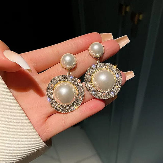 YU Fashions Pearl Dual High Fashion Rhinstone Korean Earring Pair