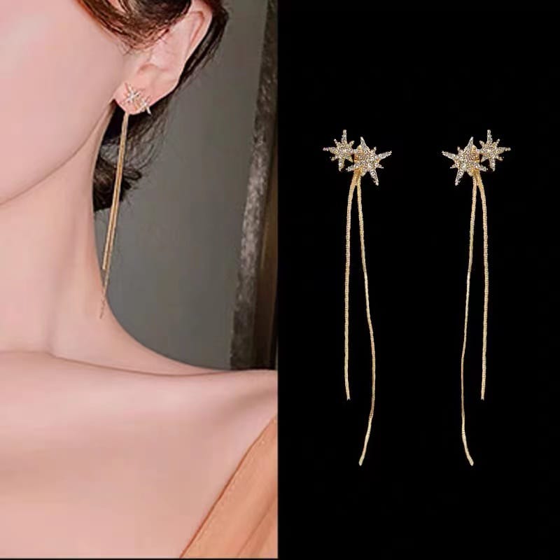 Yu Fashions Star Shaped Rhinstone Tassel korean Earrings Pair