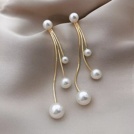 Yu Fashions 3 Pearl Drop Golden Tassel Korean Earrings Pair