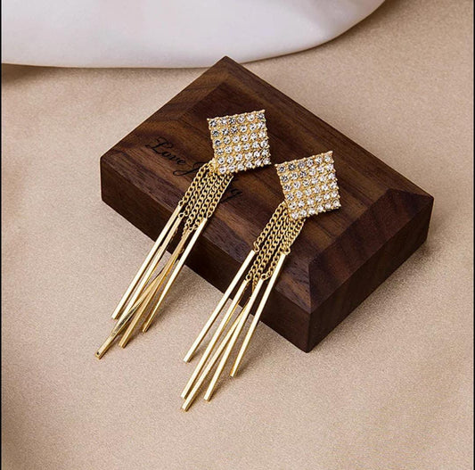 Yu Fashions Rhinestone Square Shaped Tassel Korean earrings Pair