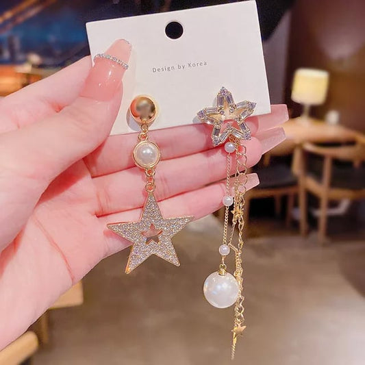 Yu Fashions Star Pearl Drop Different Shaped Korean Earrings Pair