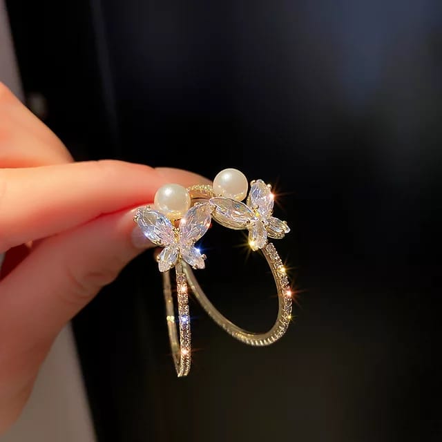 Yu Fashions Flower Rhinestone Hoop Korean Earrings Pair