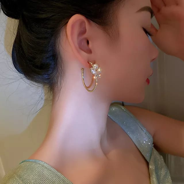Yu Fashions Flower Rhinestone Hoop Korean Earrings Pair
