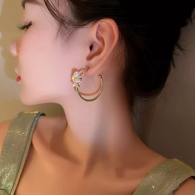 Yu Fashions Flower Rhinestone Hoop Korean Earrings Pair