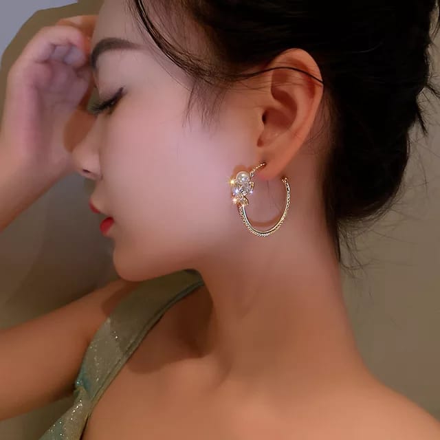 Yu Fashions Flower Rhinestone Hoop Korean Earrings Pair