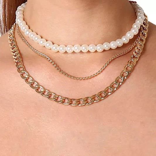 Yu Fashions 3 layered Pearl Golden Link Chain Multilayered Necklace