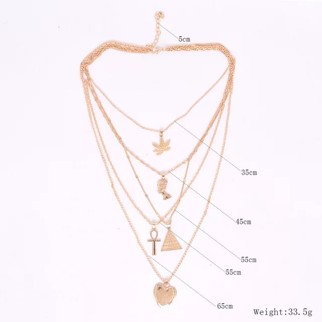 Yu Fashions Leaf Heart Cross Portrait Multilayered Tribal Boho Necklace Chain