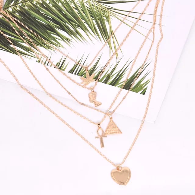Yu Fashions Leaf Heart Cross Portrait Multilayered Tribal Boho Necklace Chain
