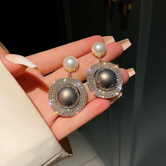 Yu Fashions Grey & White Rhinestone Dual Pearl Korean Earrings Pair