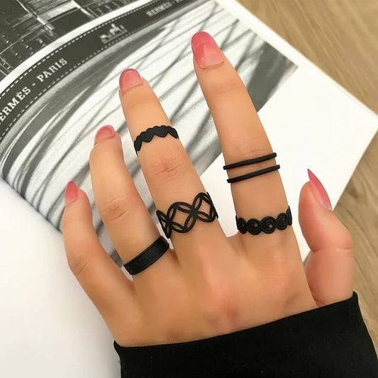 Yu Fashions Black Punk Link Korean Ring Set of 5