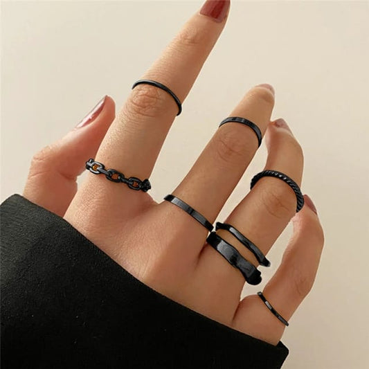 Yu Fashions Black Punk High Fashion Korean Ring Set of 7
