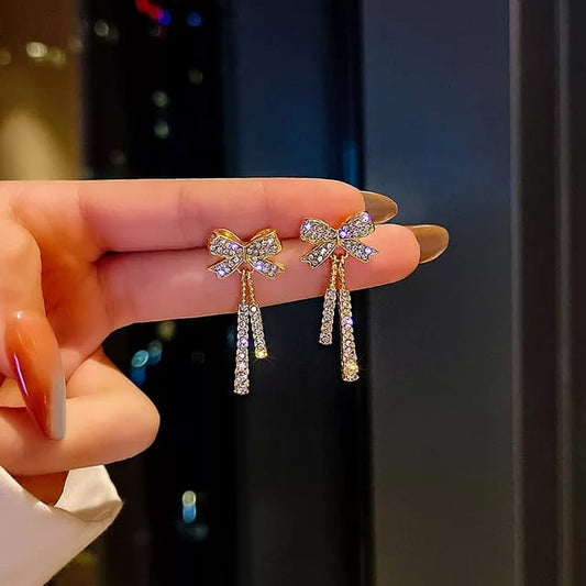 Yu Fashions Bow rhinestone Drop Tassel Korean Earrings Pair