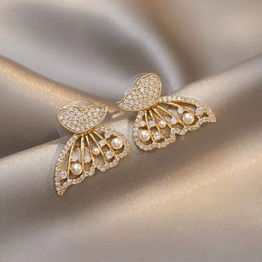 Yu Fashions Butterfly Detachble  Crystal Pearl Diamond High Fashion Korean Earrings Pair