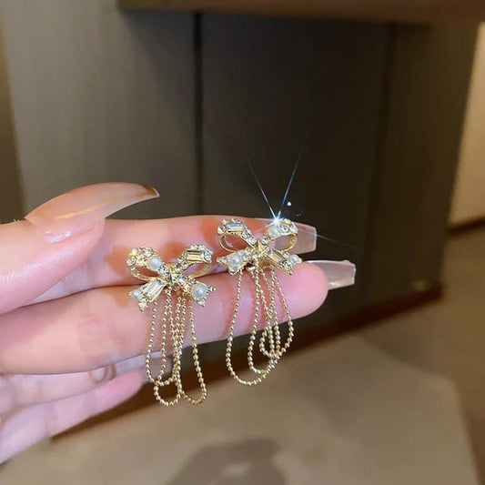 YU Fashions Golden Tassel High Fashion Crystal Bow Korean Earrings Pair