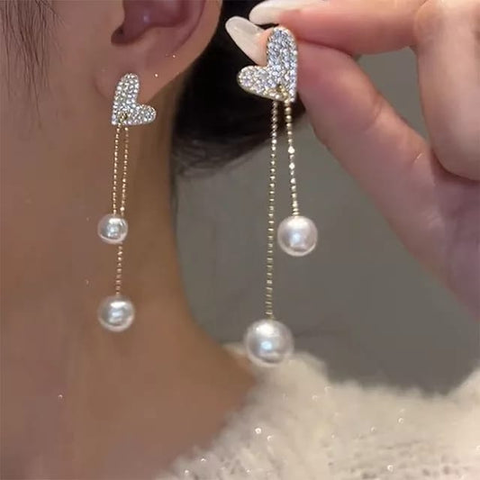 Yu Fashions Heart Shape Crystal Pearl Drop High Fashion Korean Earrings Pair