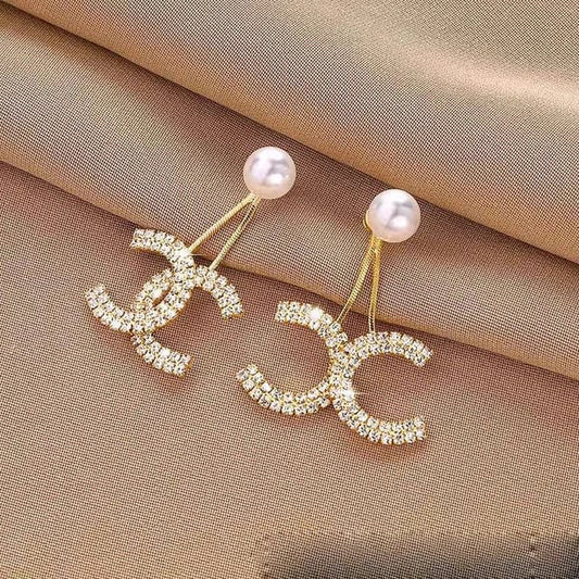 YU Fashions Chanel CC Inspired Zircon Studded dangler Korean Earrings
