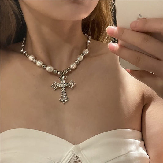 Yu Fashions BTS Inspired Punk Funky High Fashion Cross Sign Pearl Beads Korean Necklace