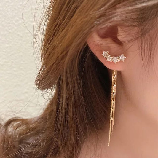 Yu Fashions Crystal Rhinstone Golden Tassel Drop Korean Earrings Pair