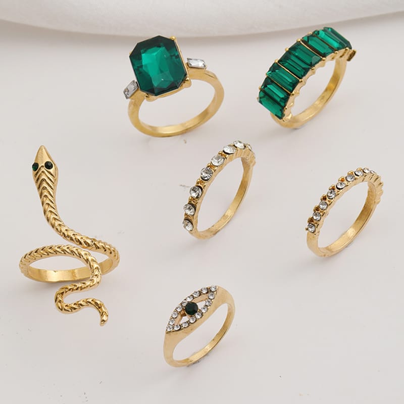 Yu Fashions Green Emerald Stones Snake animal Evil Eye Ring Set of 6