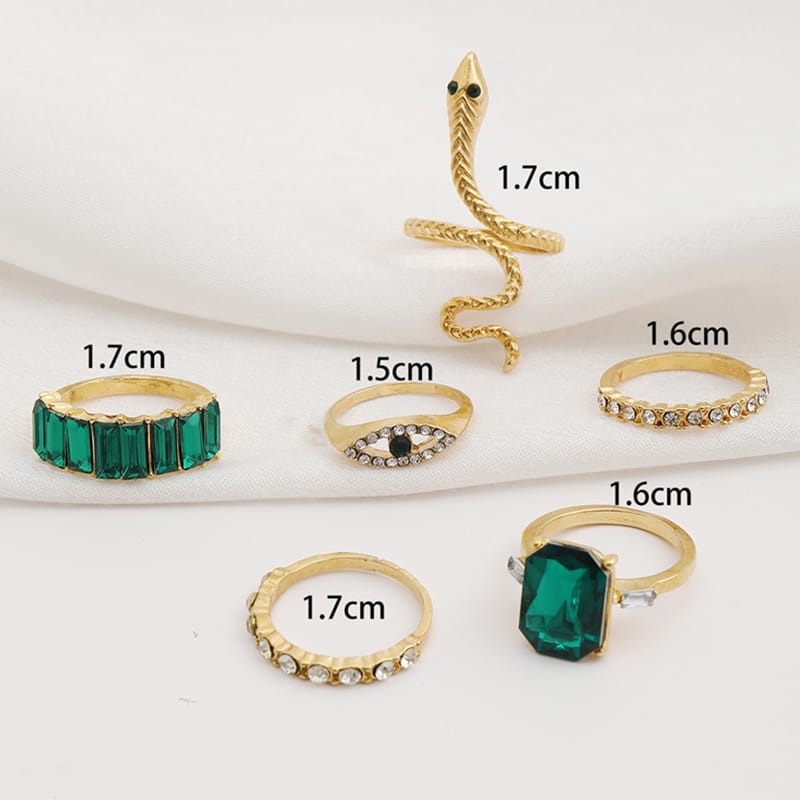 Yu Fashions Green Emerald Stones Snake animal Evil Eye Ring Set of 6