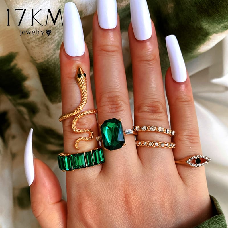 Yu Fashions Green Emerald Stones Snake animal Evil Eye Ring Set of 6