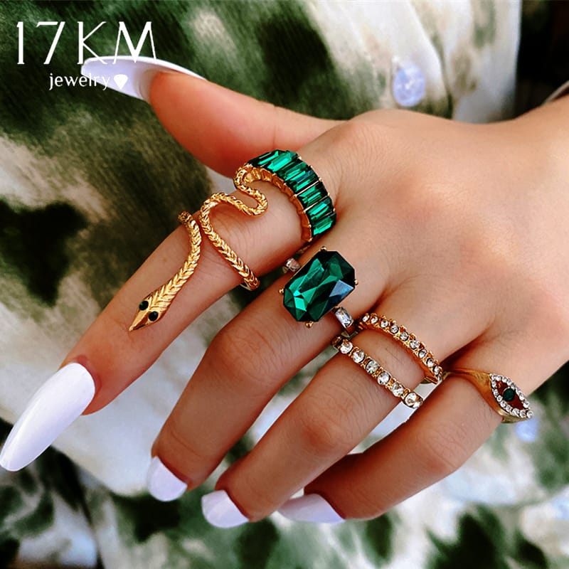 Yu Fashions Green Emerald Stones Snake animal Evil Eye Ring Set of 6