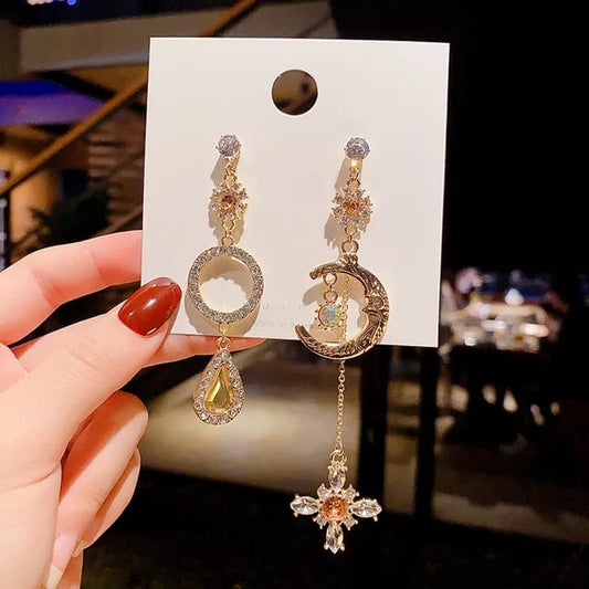Yu Fashions Rhinestone Crystals Moon Star Evil Eye Coral Korean Earrings Pair