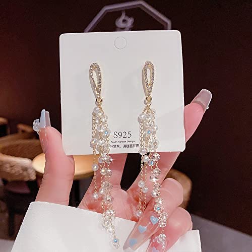 Yu Fashions Pearl Golden Chain Tassel High Fashion Korean Earrings Pair