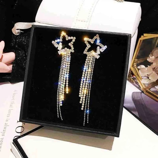 Yu Fashions Star Crystal Rhinestone Tassel Korean Earrings Pair