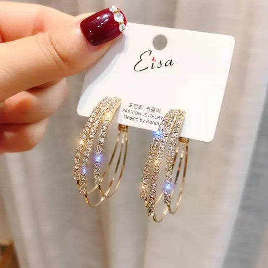 Yu Fashions High Fashions Crystal Rhinstone 3 Hoops Korean Earrings Pair