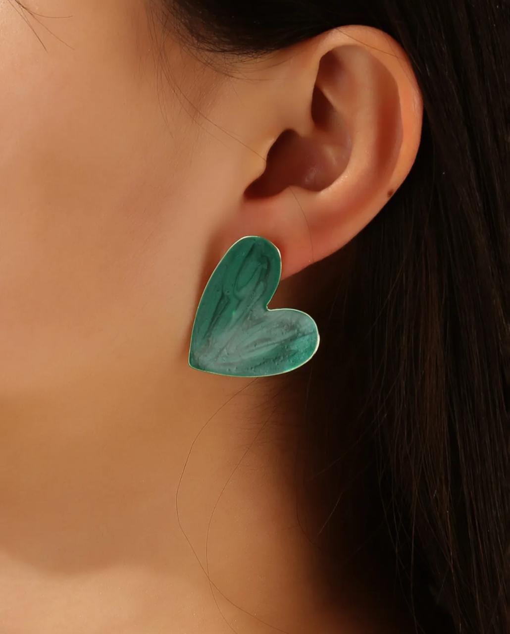 Yu Fashions Green Marble Printed Heart Shaped Korean Earrings pair