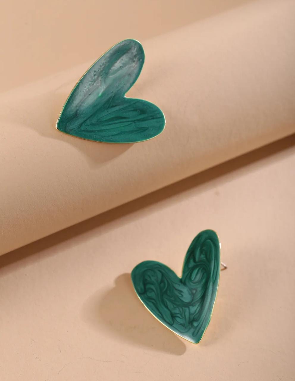 Yu Fashions Green Marble Printed Heart Shaped Korean Earrings pair