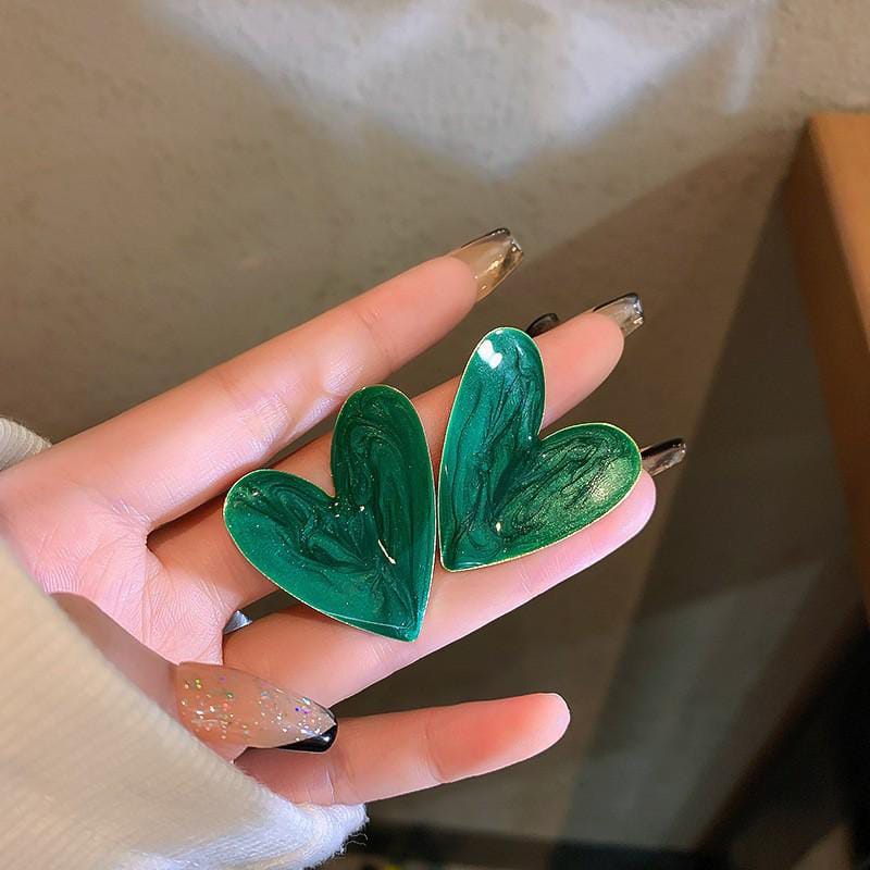 Yu Fashions Green Marble Printed Heart Shaped Korean Earrings pair