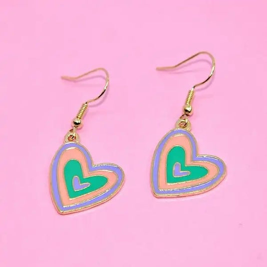 Yu Fashions Pink & Green Heart Rainbow Shaped Korean Earrings Pair