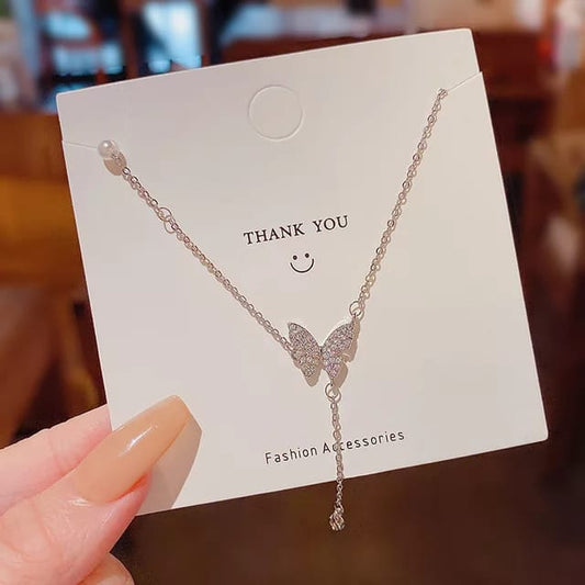 Yu Fashions Butterfly Rhinestone Minimal Pendent Necklace