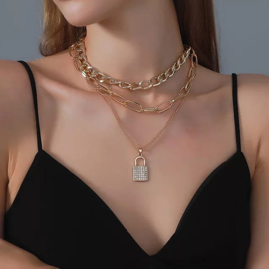 Yu Fashions Rhinestone Lock Pendent 3 layered Link Multilayered Korean Necklace
