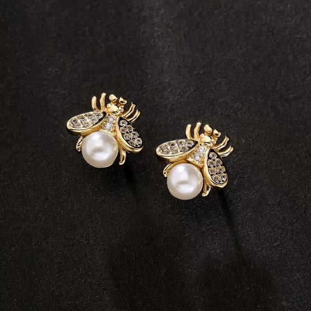 Yu Fashions Insect Bee Cute Golden Rhinestone  Korean Earrings Pair